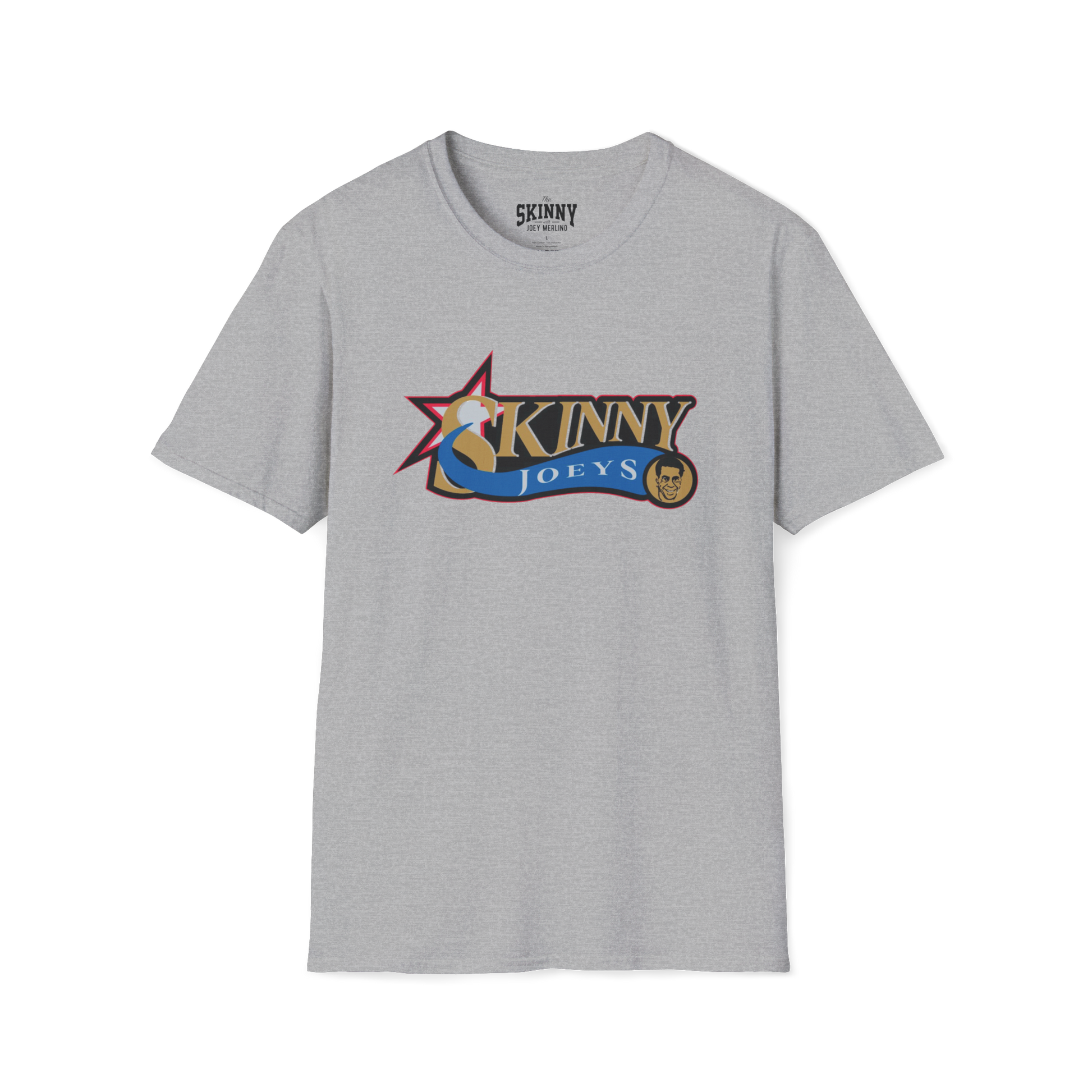 Gray t-shirt with 'Skinny Joey's' logo on a white background