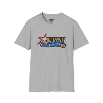 Gray t-shirt with 'Skinny Joey's' logo on a white background