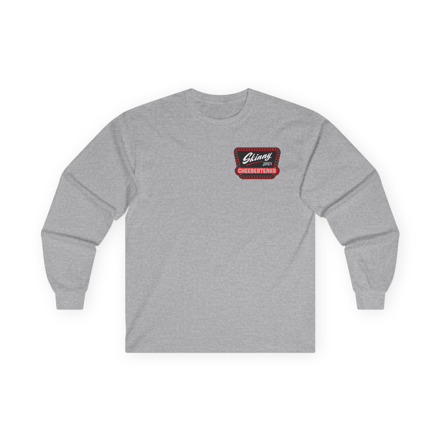 Gray long-sleeve shirt with a logo on a white background
