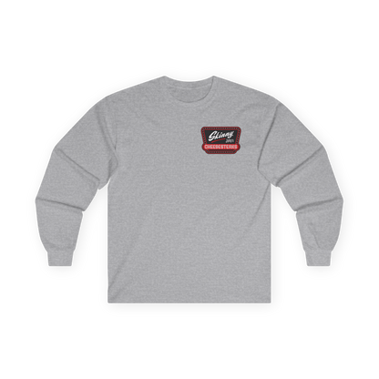 Gray long-sleeve shirt with a logo on a white background