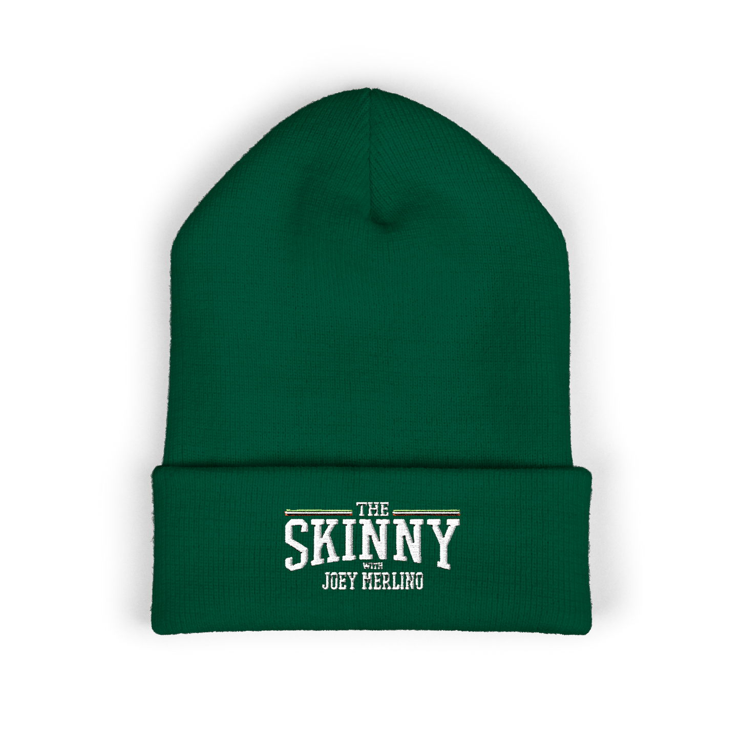 Green beanie with 'The Skinny with Joey Meeling' text on a white background