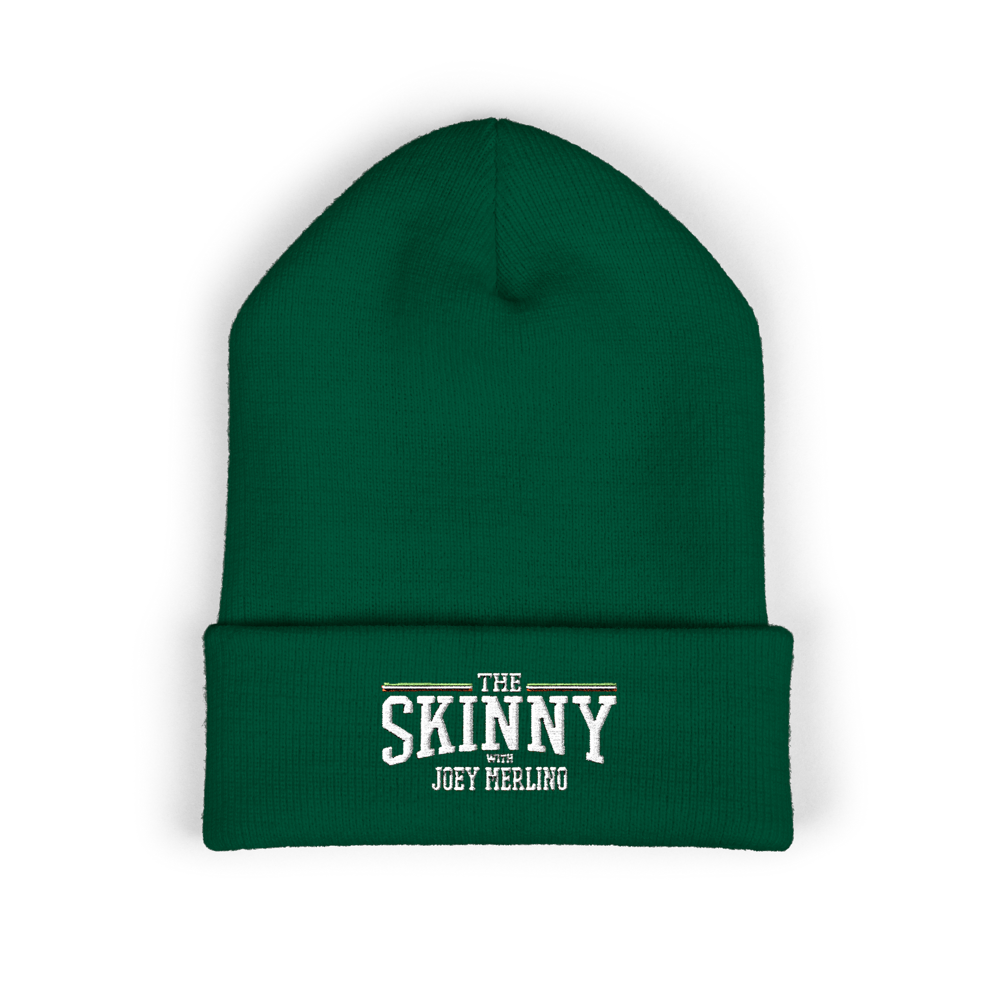 Green beanie with 'The Skinny with Joey Meeling' text on a white background