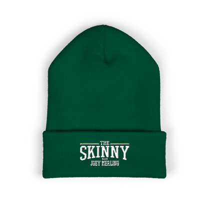 Green beanie with 'The Skinny with Joey Meeling' text on a white background
