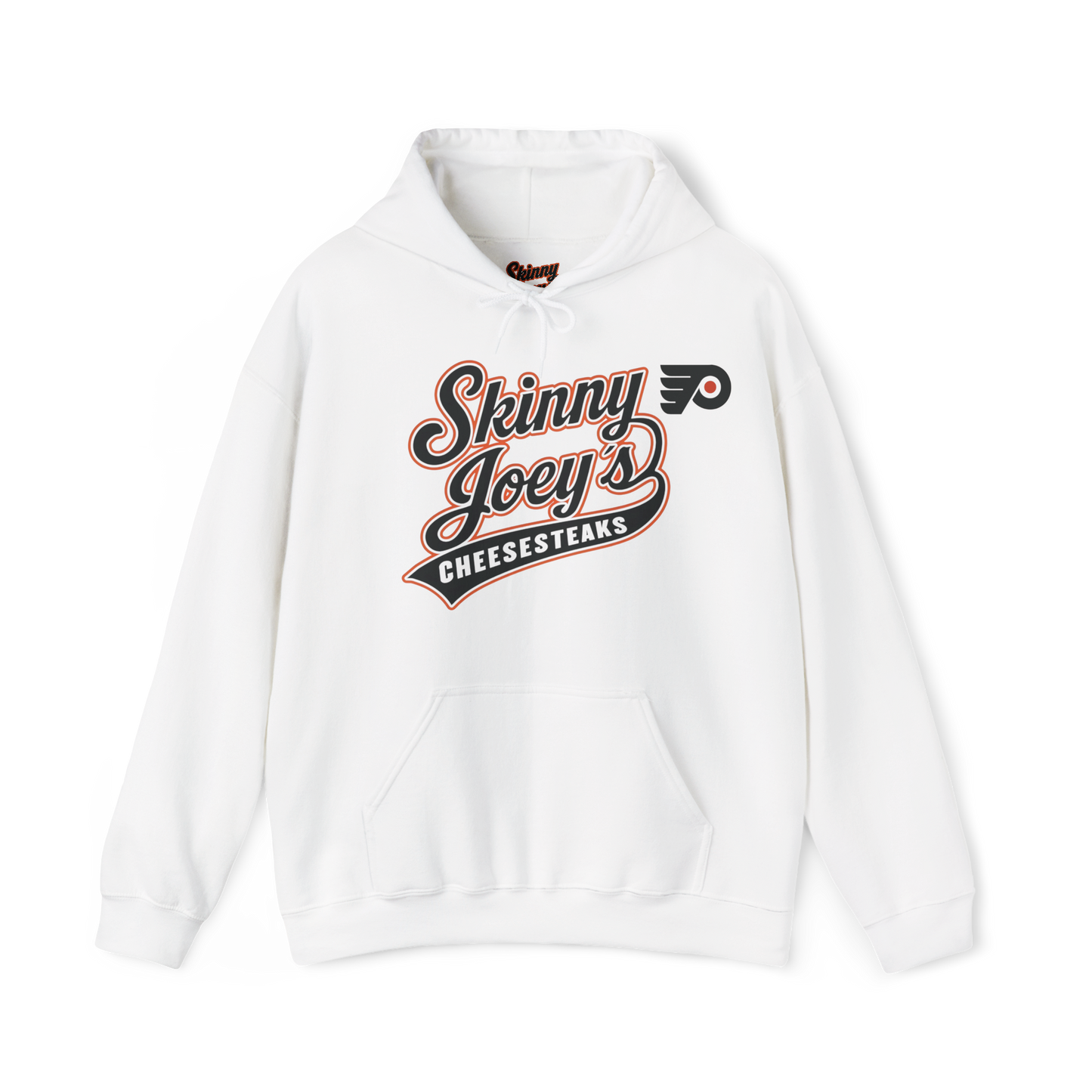 White hoodie with 'Skinny Joey's Cheesesteaks' text on a white background