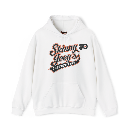White hoodie with 'Skinny Joey's Cheesesteaks' text on a white background