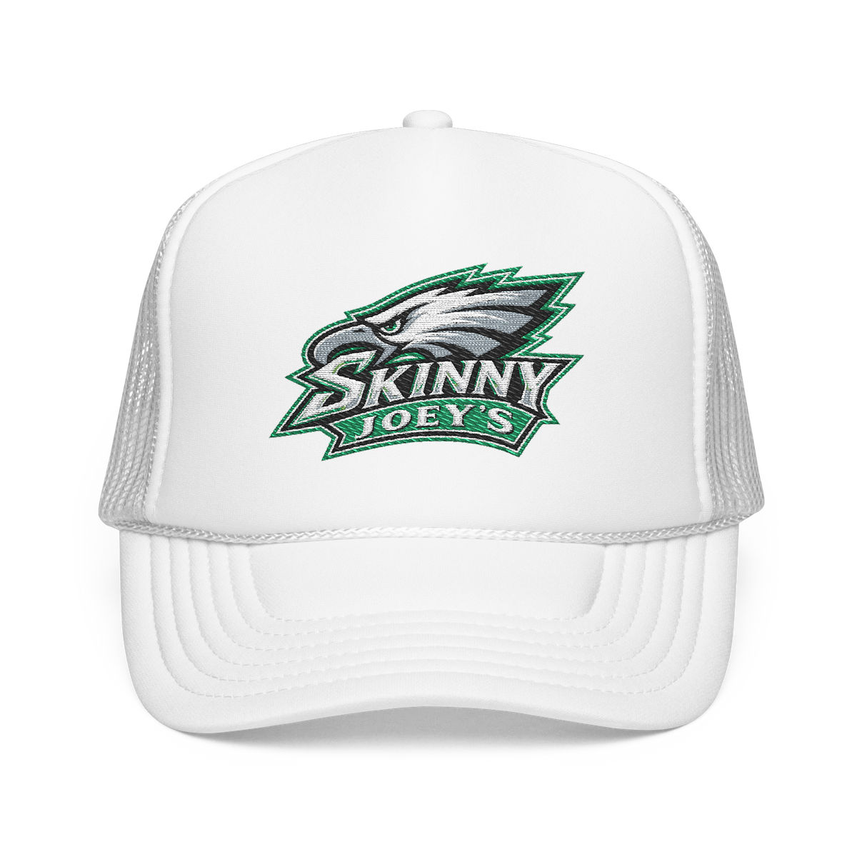 Eagles 2026 trucker hat in white, front view, The Skinny with Joey Merlino podcast merch