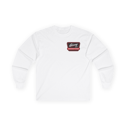 White sweatshirt with a logo patch on a white background