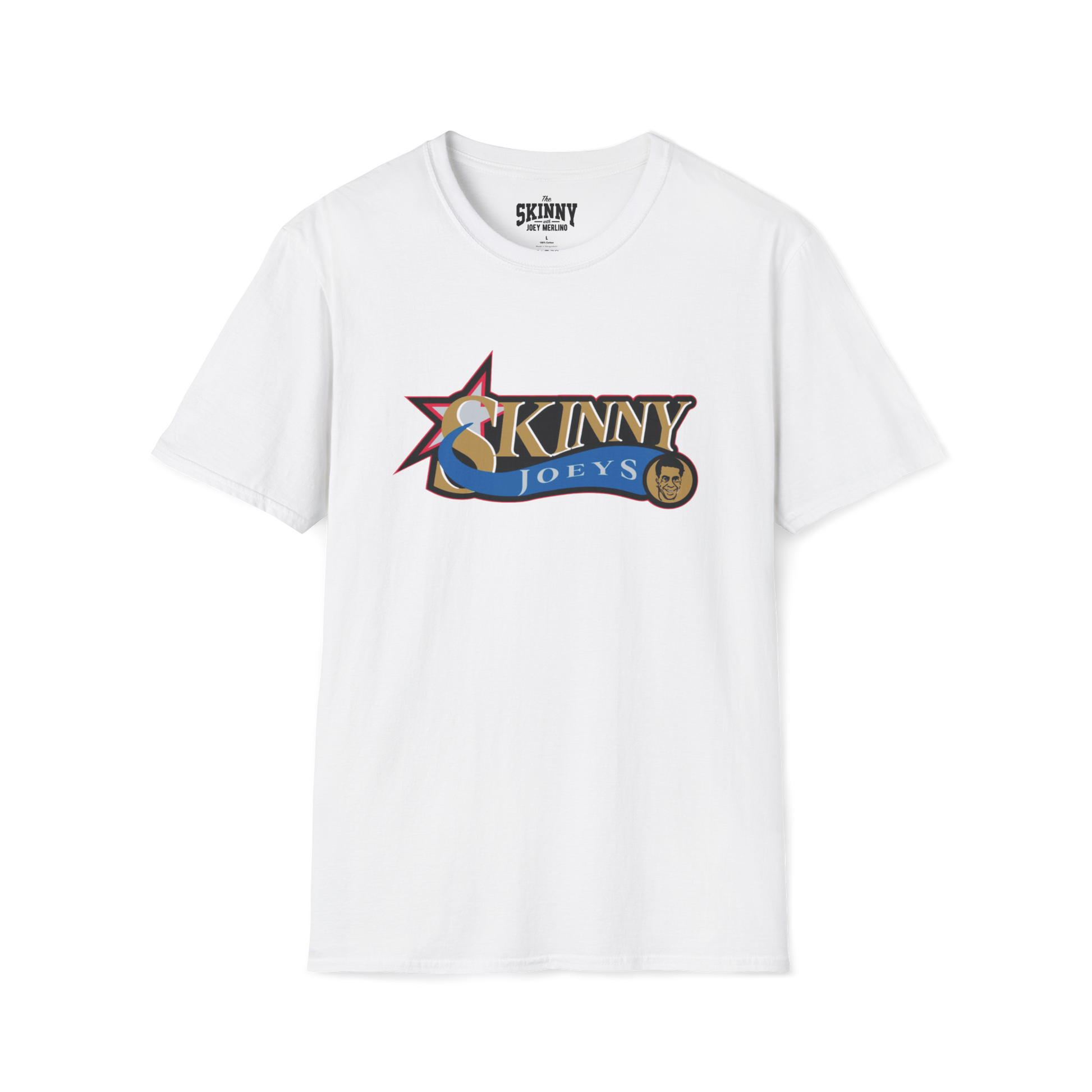 White t-shirt with colorful logo and text on a white background