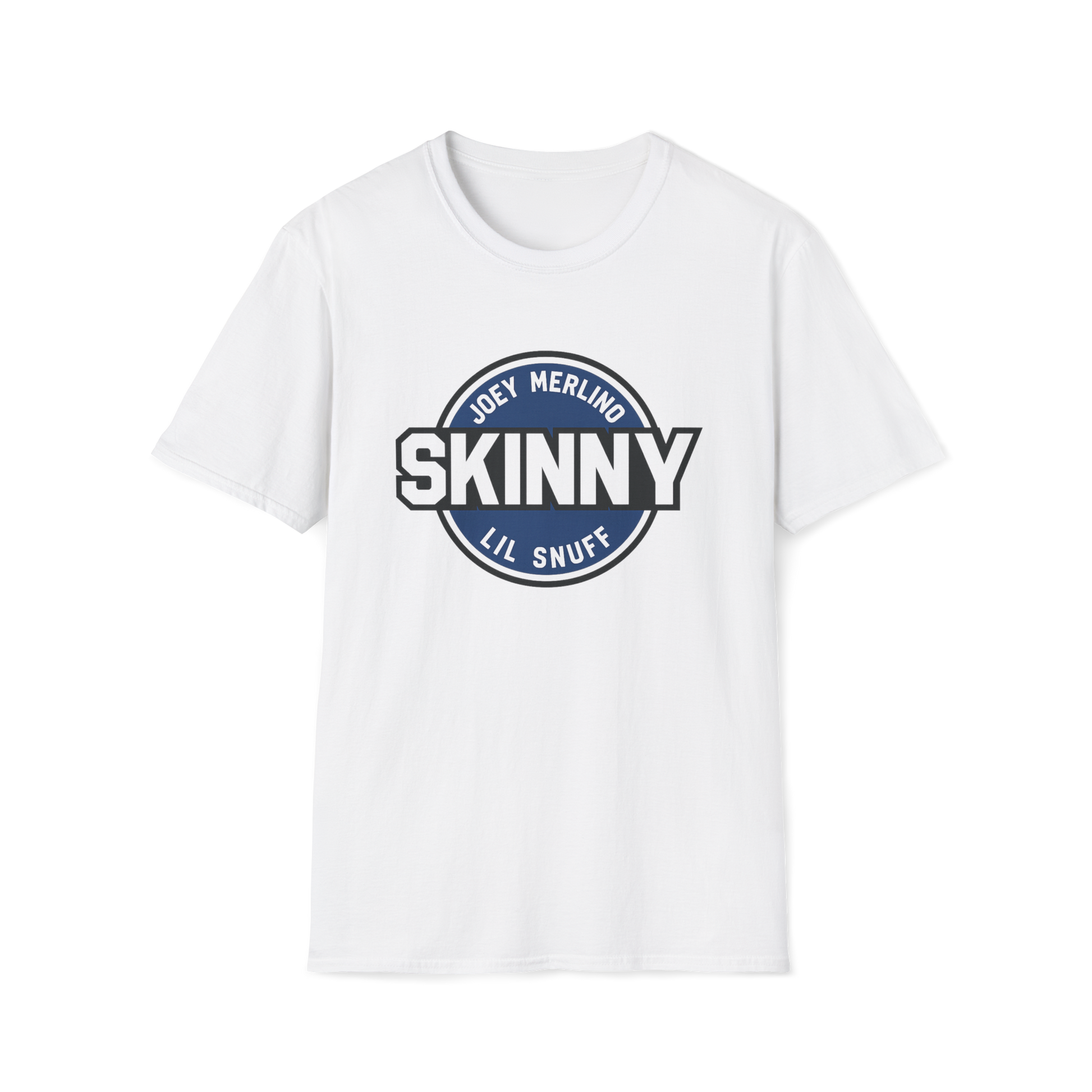 White t-shirt with 'SKINNY' graphic design on a white background
