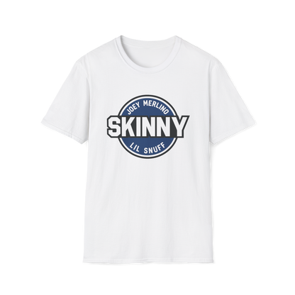 White t-shirt with 'SKINNY' graphic design on a white background