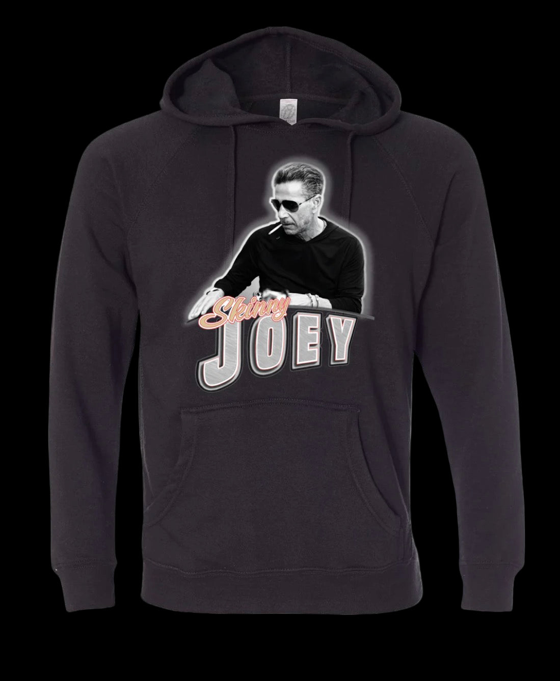 Black hoodie with a graphic of a person holding a gun and the text 'Joey' on a black background
