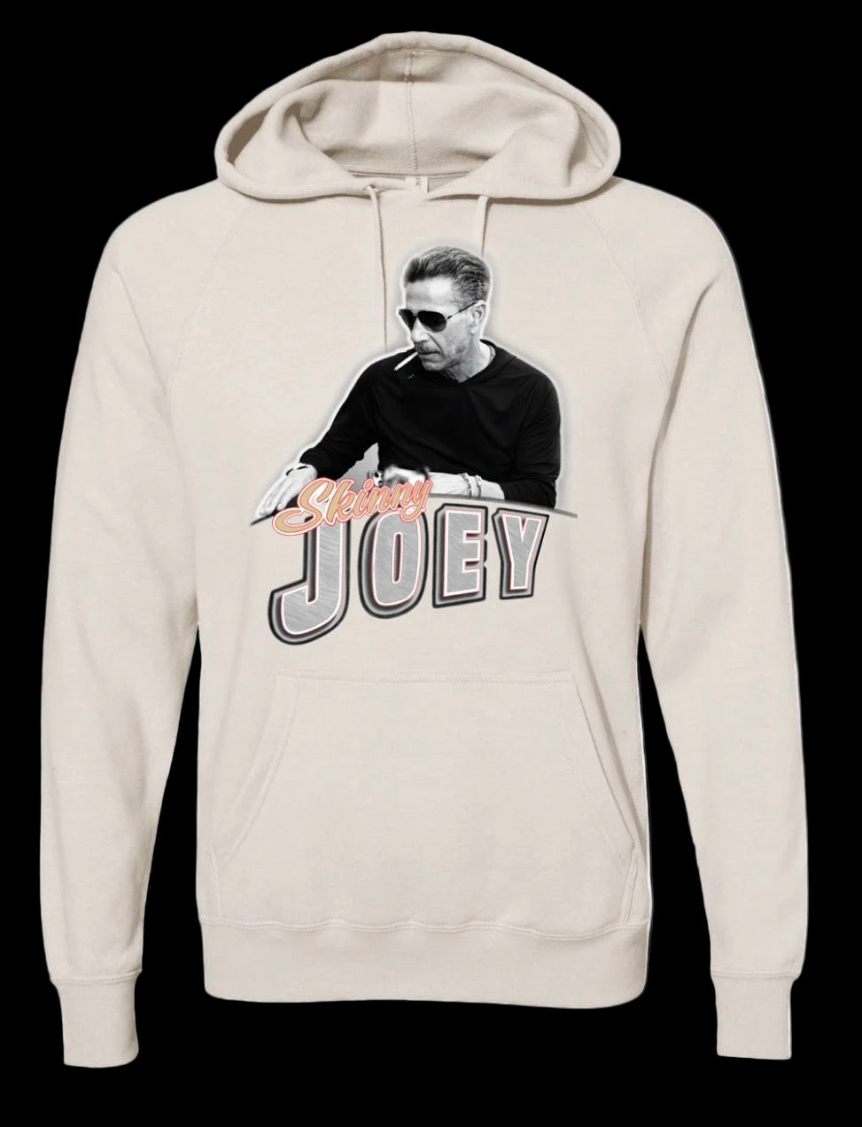 Beige hoodie with a graphic of a person and text 'Celebrity Joey' on a white background