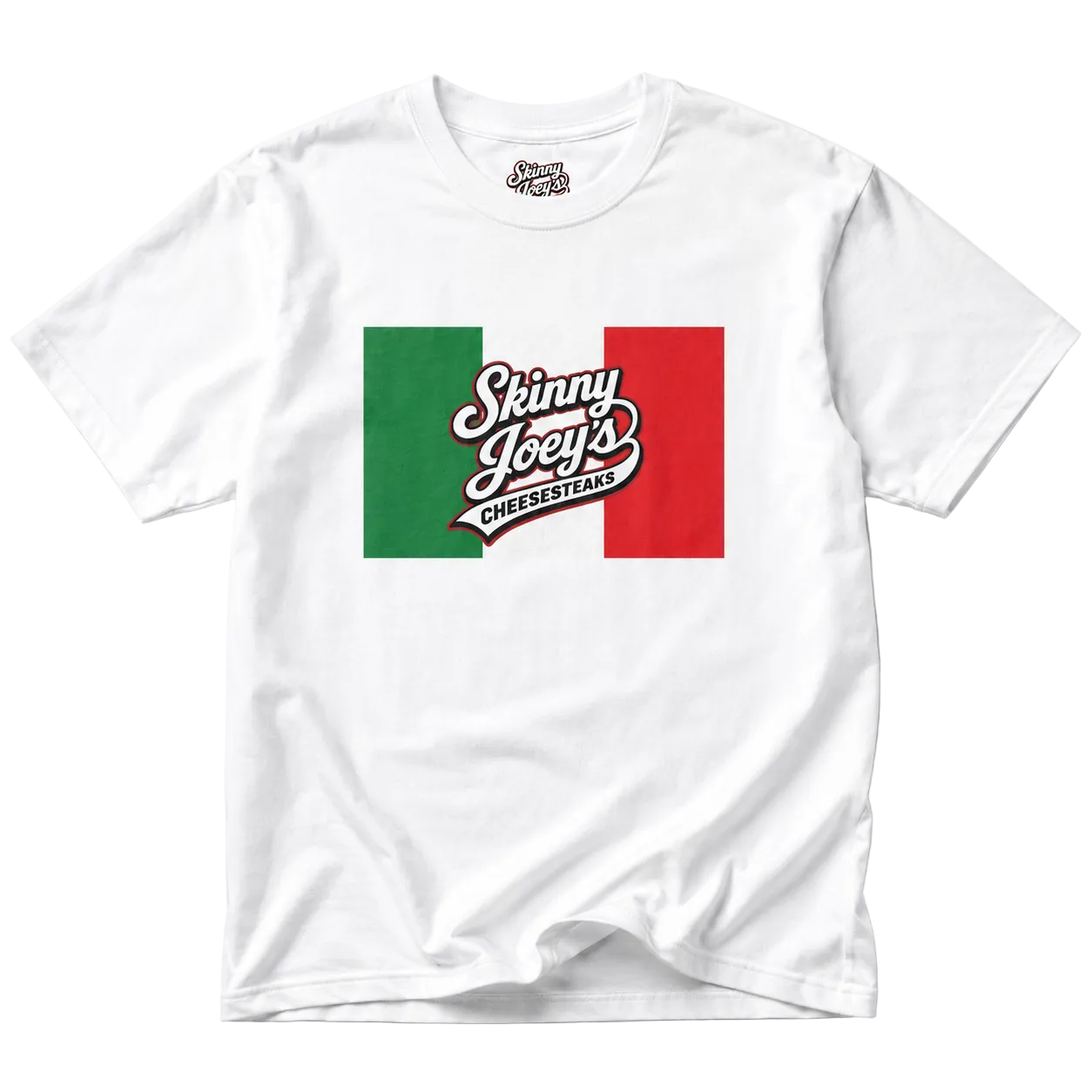 White t-shirt with a colorful graphic and 'Skinny Joey's Cheesesteaks' text on a white background