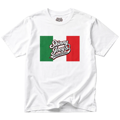 White t-shirt with a colorful graphic and 'Skinny Joey's Cheesesteaks' text on a white background