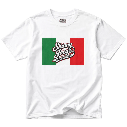 White t-shirt with a colorful graphic and 'Skinny Joey's Cheesesteaks' text on a white background