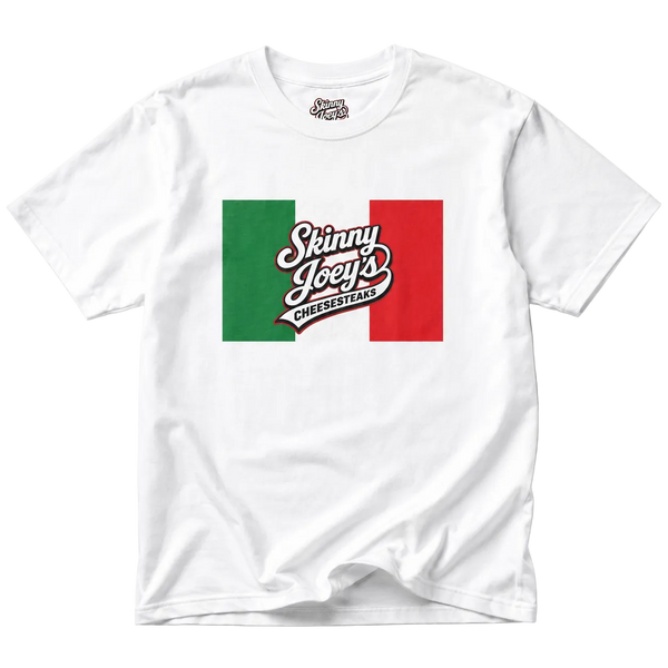 White t-shirt with a colorful graphic and 'Skinny Joey's Cheesesteaks' text on a white background