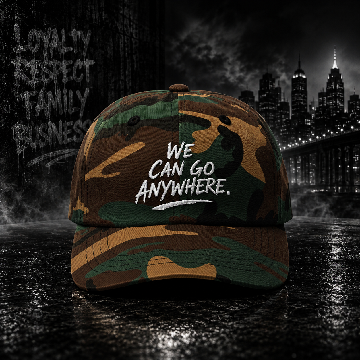 Camo Dad Cap — "We Can Go Anywhere" Embroidered Baseball Hat