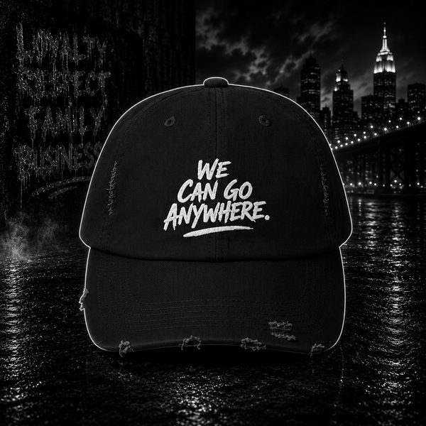 Distressed Baseball Cap - We Can Go Anywhere Embroidered Travel Hat - front view - Skinny Joey's Cheesesteaks