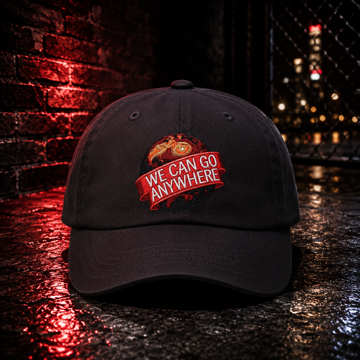 Classic Dad Cap We Can Go Anywhere Retro Planet Embroidered Hat - side view - Skinny Joey's Cheesesteaks