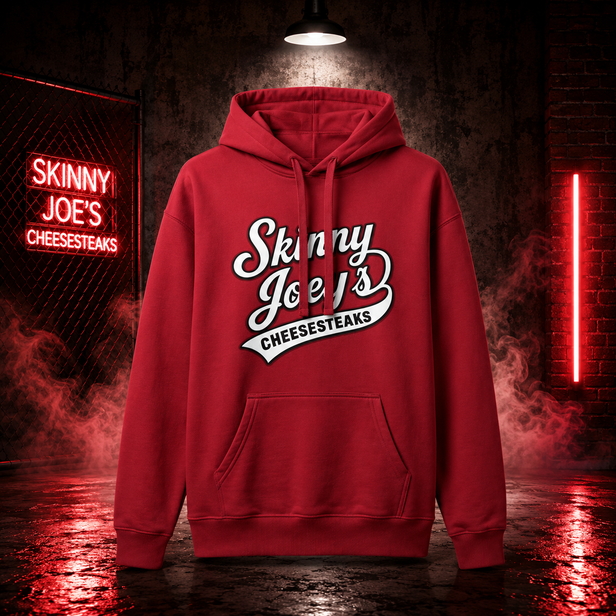 Skinny Joeys Cheesesteaks Hooded Sweatshirt - Philly Diner Logo Pullover - lifestyle photo - Skinny Joey's Cheesesteaks