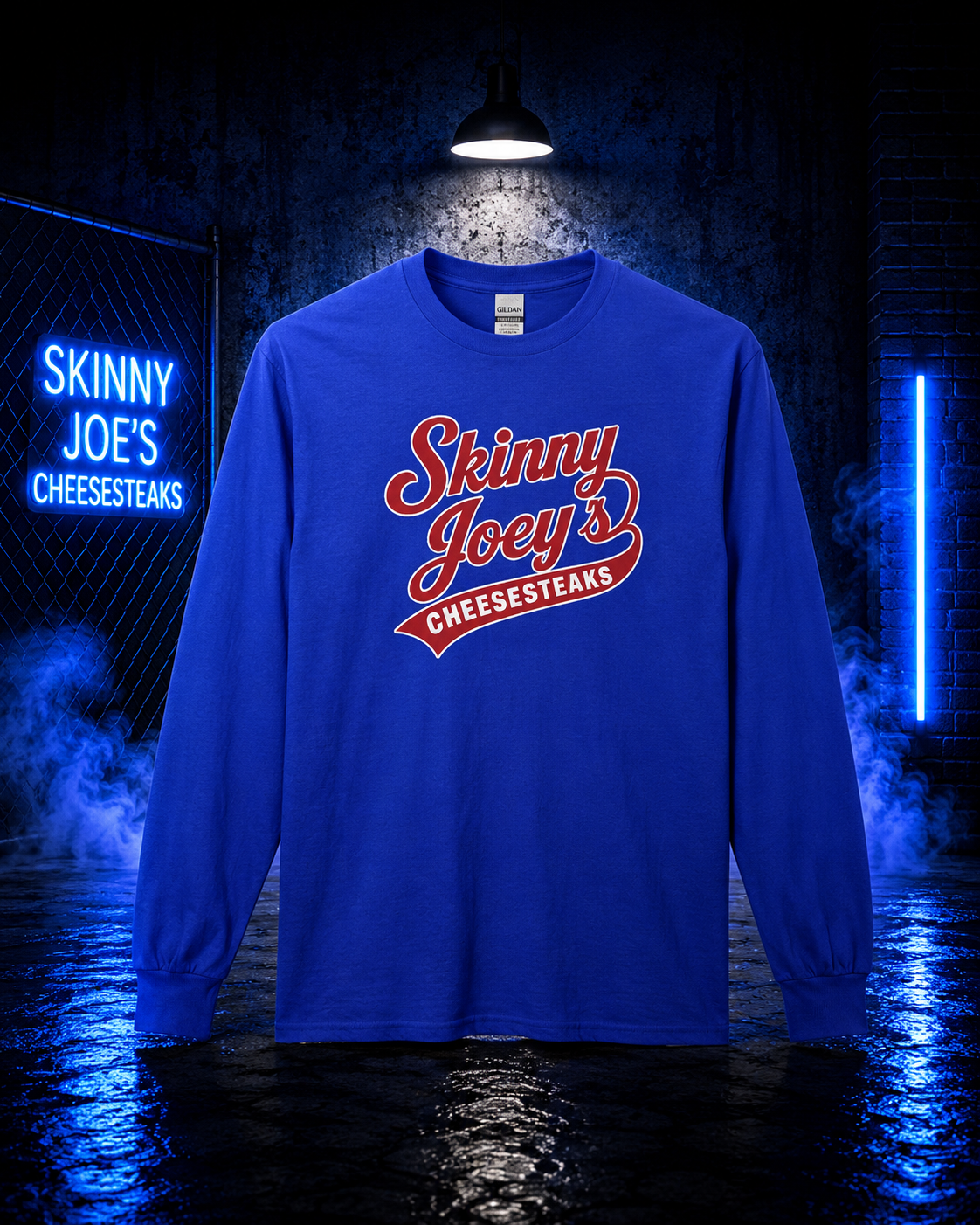 Skinny Joeys Cheesesteaks Long Sleeve Tee - Retro Diner Logo Shirt - side view - Skinny Joey's Cheesesteaks