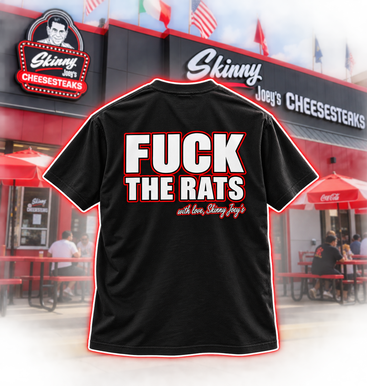 Rats Statement graphic tee in black, back print outside the Skinny Joey's storefront, Skinny Joey Merlino Philly mob merch