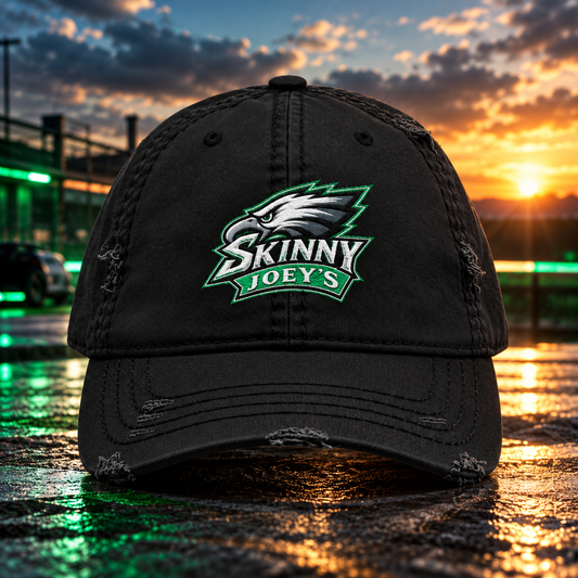 Skinny Joey's logo distressed dad hat in black, The Skinny Podcast with Joey Merlino & Lil Snuff merch