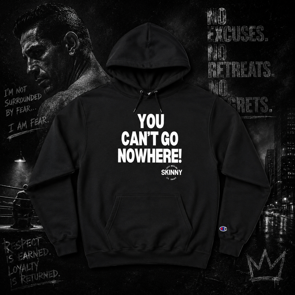 You Can't Go Nowhere Champion Hoodie - back view - Skinny Joey's Cheesesteaks