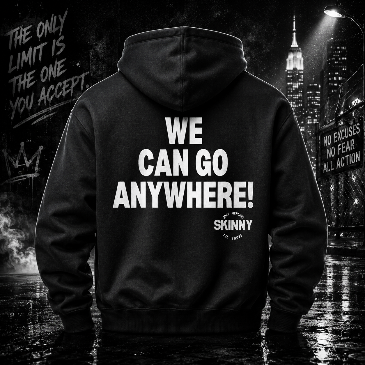 You Can't Go Nowhere Champion Hoodie - front view - Skinny Joey's Cheesesteaks