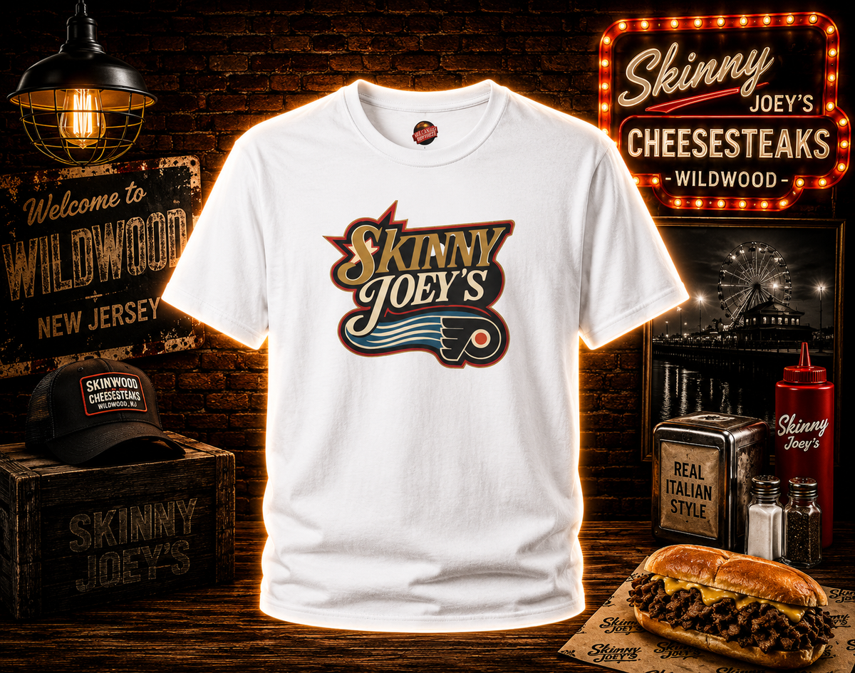 Retro Flyers graphic tee in white, Skinny Joey Philadelphia mob boss inspired merch