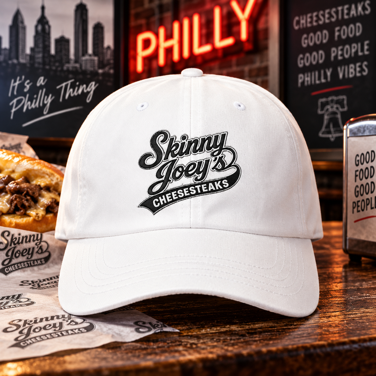 Skinny Joey's Cheesesteaks embroidered dad cap in white, Philly crime family culture apparel