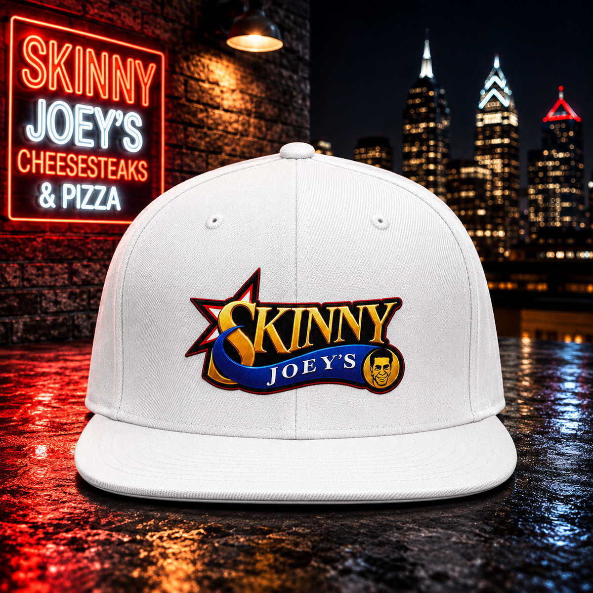 Skinny Joey's retro logo snapback cap in white, Philadelphia streetwear