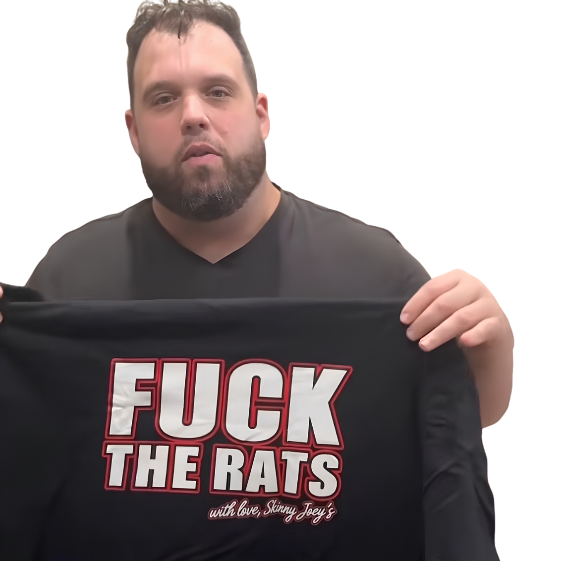 Skinny Joey's Rats Statement tee held up, Skinny Joey Merlino merch