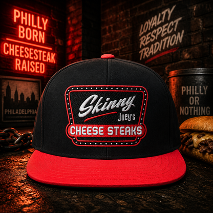 Skinny Joey's Embroidered Flat Bill Cap - lifestyle photo - Skinny Joey's Cheesesteaks