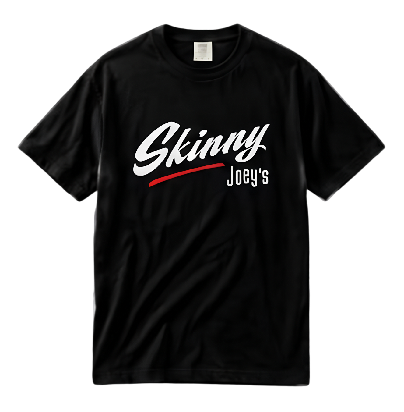 Black t-shirt with 'Skinny Joey's' text on a white background