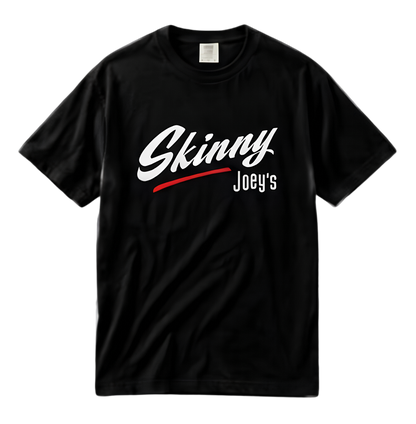 Black t-shirt with 'Skinny Joey's' text on a white background