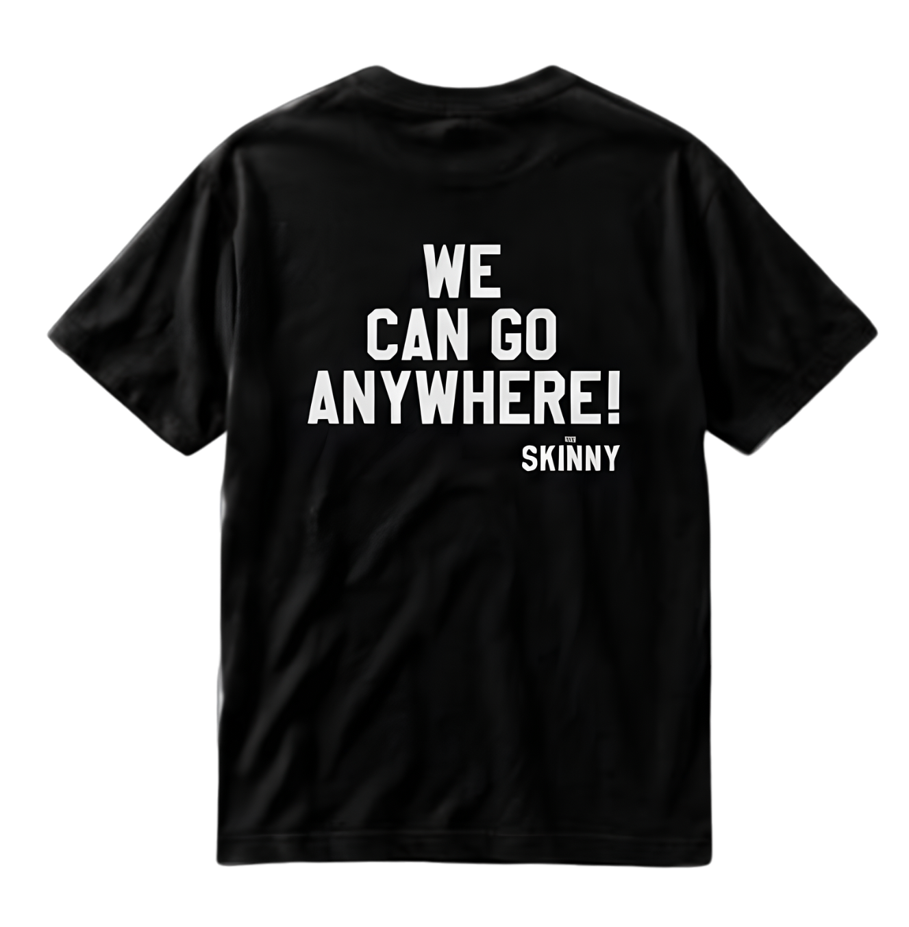 Black t-shirt with white text on a white background
