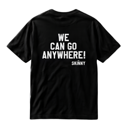 Black t-shirt with white text on a white background