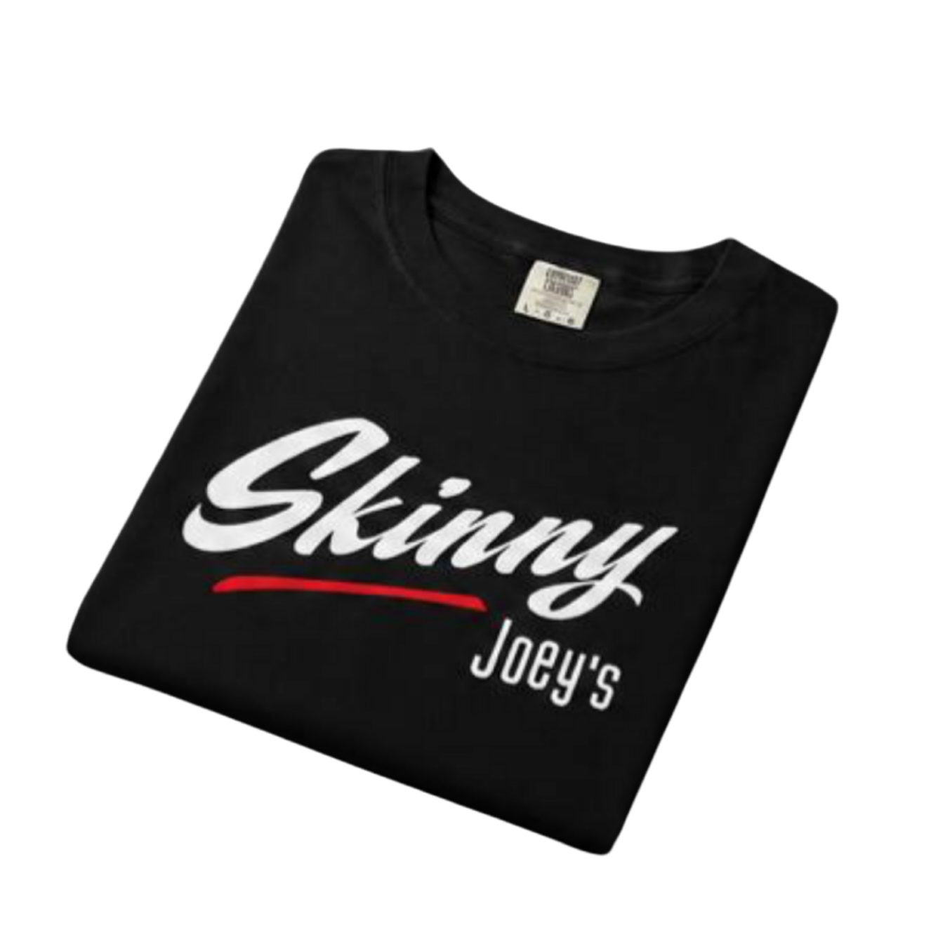 Folded black t-shirt with 'Skinny Joey's' text on a white background