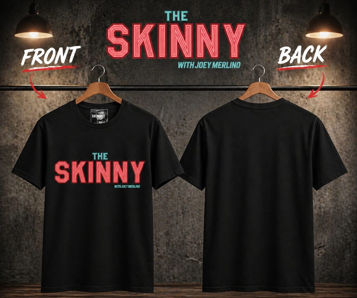 Black t-shirt with 'The Skinny' text on a hanger against a dark background