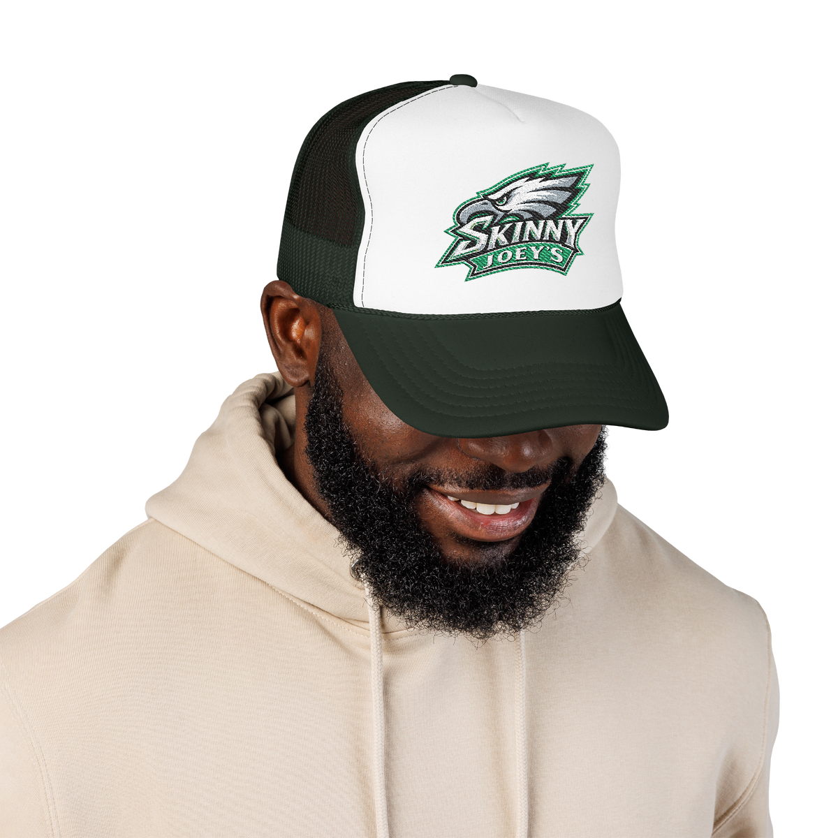 Eagles 2026 trucker hat in dark green white dark green, front, worn on model, Philadelphia streetwear