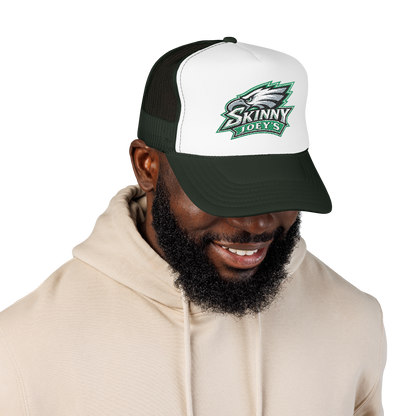 Eagles 2026 trucker hat in dark green white dark green, front, worn on model, Philadelphia streetwear