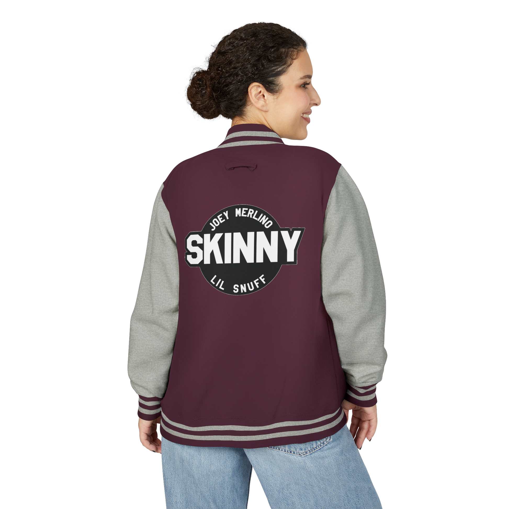 Person wearing a maroon and gray letterman jacket with 'SKINNY' text on the back.
