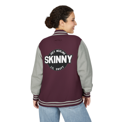 Person wearing a maroon and gray letterman jacket with 'SKINNY' text on the back.