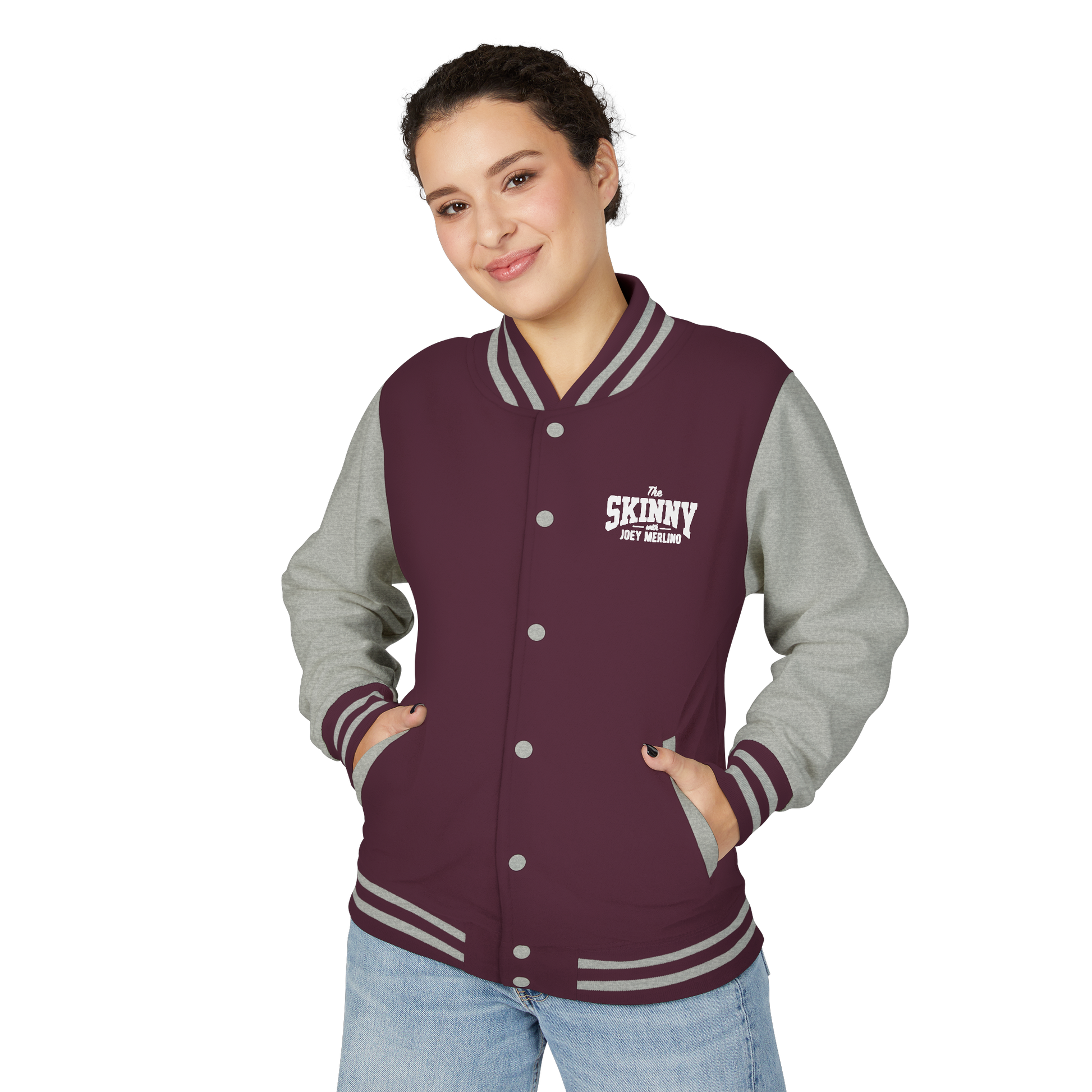 Person wearing a maroon and gray letterman jacket with 'Skinny' text on a white background