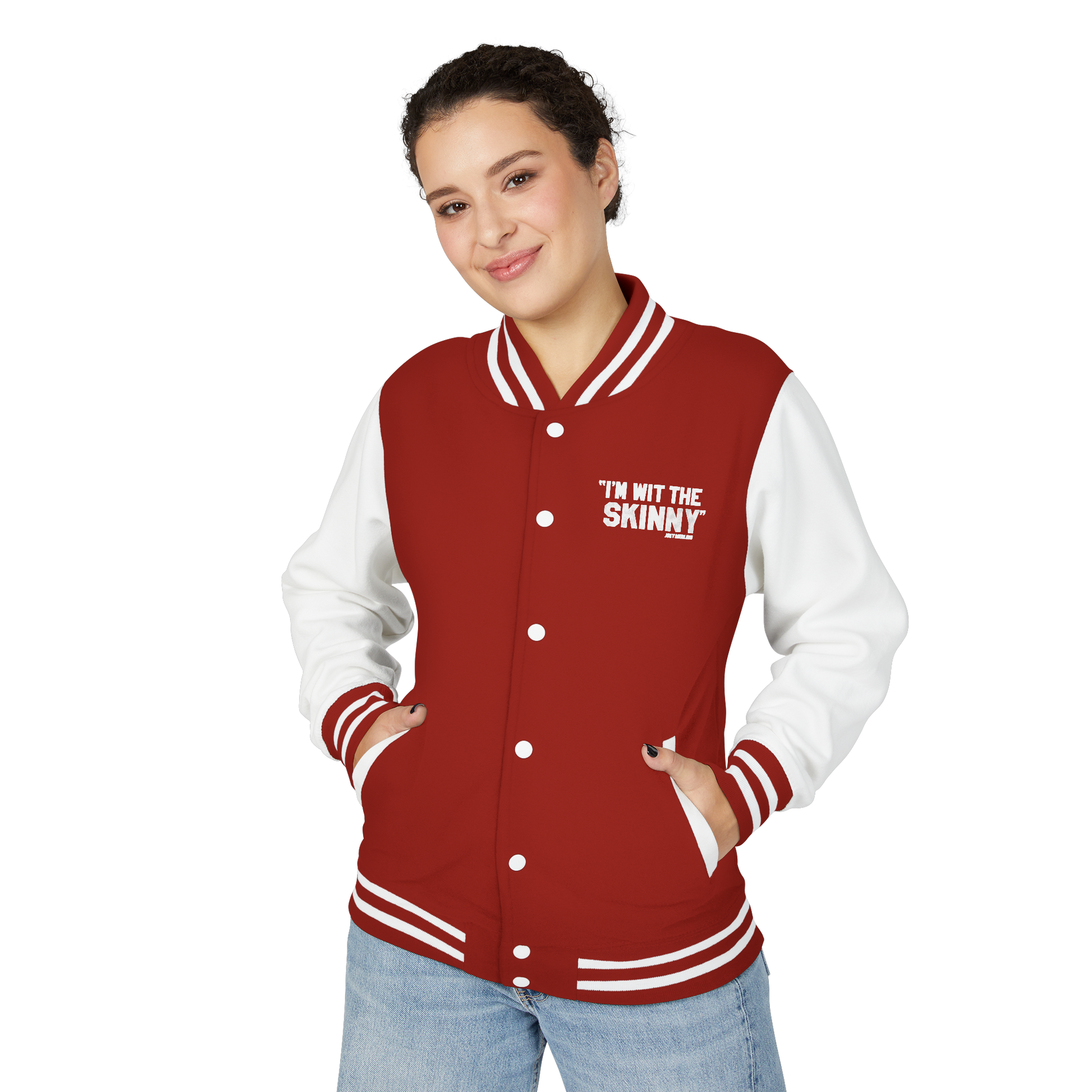 Person wearing a red and white varsity jacket with text on a white background