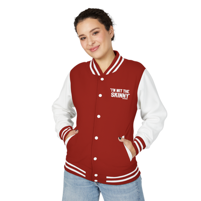 Person wearing a red and white varsity jacket with text on a white background