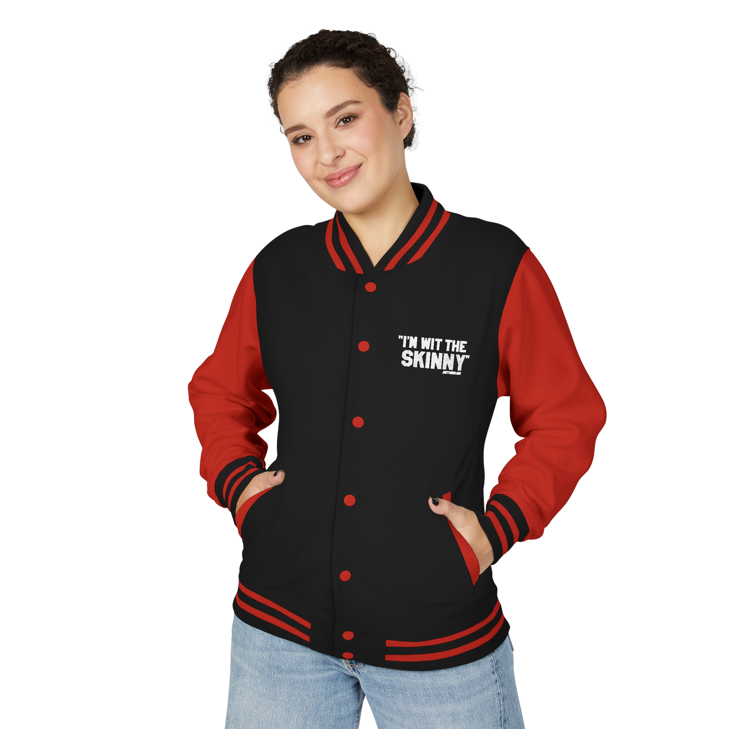 Person wearing a black and red letterman jacket with text on a white background