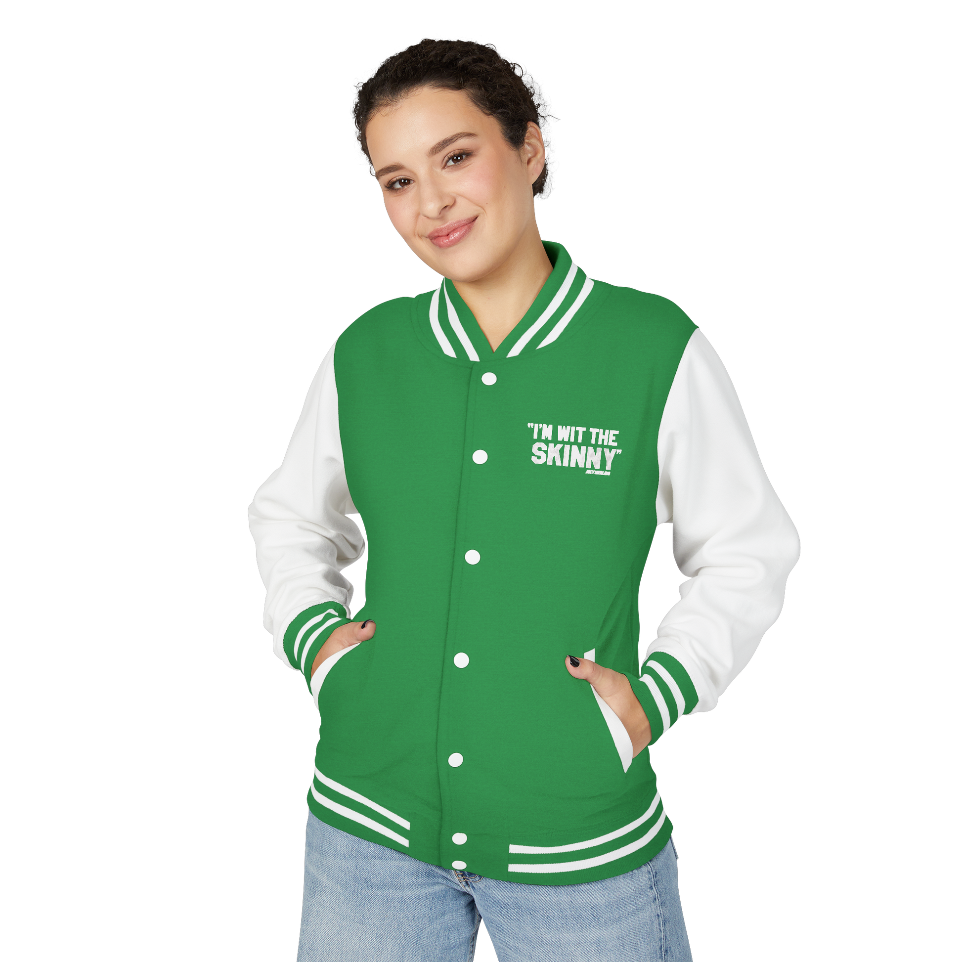 Person wearing a green and white varsity jacket with text on a white background