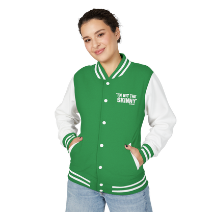 Person wearing a green and white varsity jacket with text on a white background